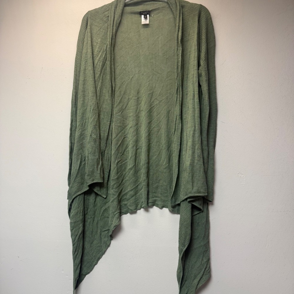 Talbots Cardigan Womens Large Green Excellent Linen Blend Sharkbite Open Front
